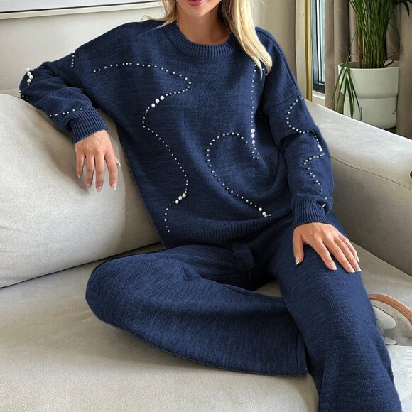 Navy Blue Casual Women's Crew Neck Beaded Drop Shoulder Sweater & Wide Leg Pants - Picture 6 of 6